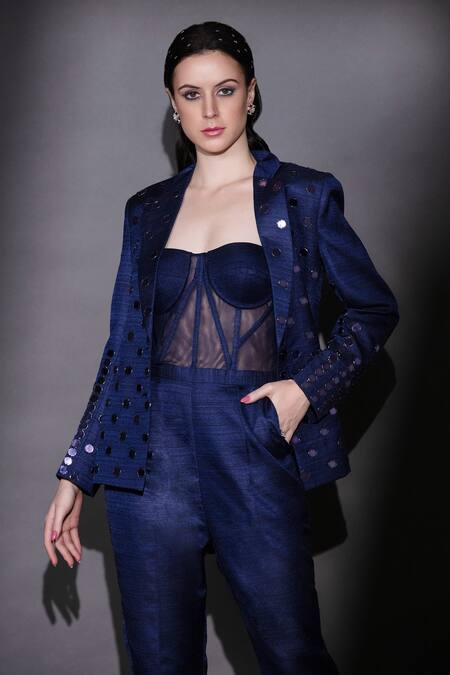 Shop Nitara Dhanraj Label Blue Silk Beads Collared, Sweetheart Embroidered Jacket With Corset Jumpsuit Online at Aza Fashions Shop_Nitara Dhanraj Label_Blue Silk Beads Collared, Sweetheart Embroidered Jacket With Corset Jumpsuit _Online_at_Aza_Fashions