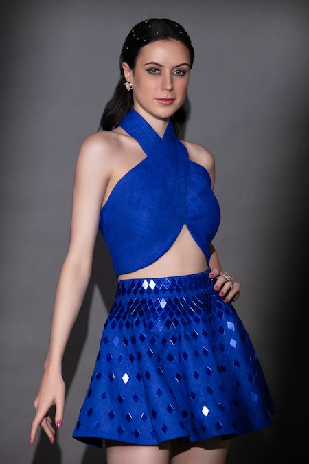 Buy Nitara Dhanraj Label Blue Silk Beads, Cut Work Halter Neck Crop Top And Embroidered Skirt Set Online at Aza Fashions Buy_Nitara Dhanraj Label_Blue Silk Beads, Cut Work Halter Neck Crop Top And Embroidered Skirt Set _Online_at_Aza_Fashions