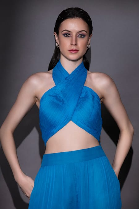 Nitara Dhanraj Label Blue Silk Halter Neck Solid Crop Top And Slit Pant Set Online at Aza Fashions Nitara Dhanraj Label_Blue Silk Halter Neck Solid Crop Top And Slit Pant Set _Online_at_Aza_Fashions