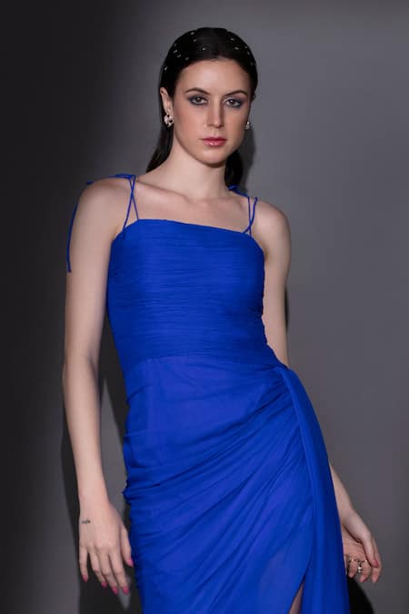 Nitara Dhanraj Label Blue Silk Square Neck Solid Asymmetric Draped Dress Online at Aza Fashions Nitara Dhanraj Label_Blue Silk Square Neck Solid Asymmetric Draped Dress _Online_at_Aza_Fashions