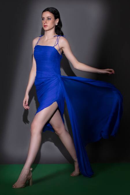 Shop Nitara Dhanraj Label Blue Silk Square Neck Solid Asymmetric Draped Dress Online at Aza Fashions Shop_Nitara Dhanraj Label_Blue Silk Square Neck Solid Asymmetric Draped Dress _Online_at_Aza_Fashions