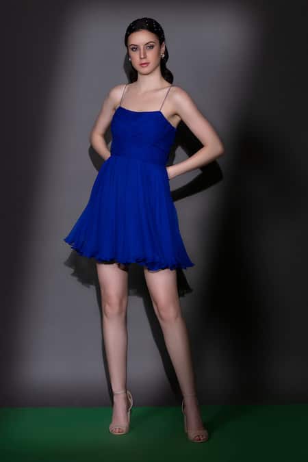 Nitara Dhanraj Label Blue Matka Silk Solid Square Neck Pleated Dress