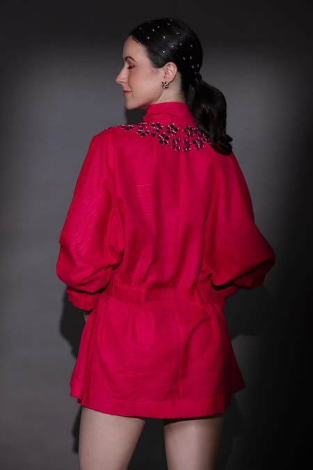Shop Nitara Dhanraj Label Fuchsia Silk Beads, Cut Work High Neck Embroidered Jacket Dress at Aza Fashions Shop_Nitara Dhanraj Label_Fuchsia Silk Beads, Cut Work High Neck Embroidered Jacket Dress _at_Aza_Fashions