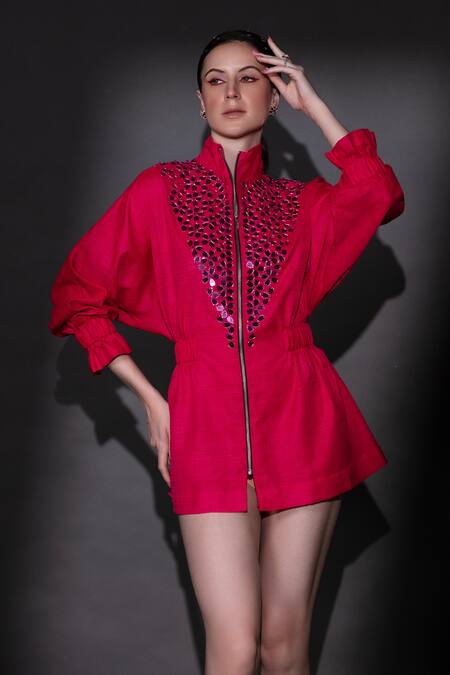 Buy Nitara Dhanraj Label Fuchsia Silk Beads, Cut Work High Neck Embroidered Jacket Dress Online at Aza Fashions Buy_Nitara Dhanraj Label_Fuchsia Silk Beads, Cut Work High Neck Embroidered Jacket Dress _Online_at_Aza_Fashions