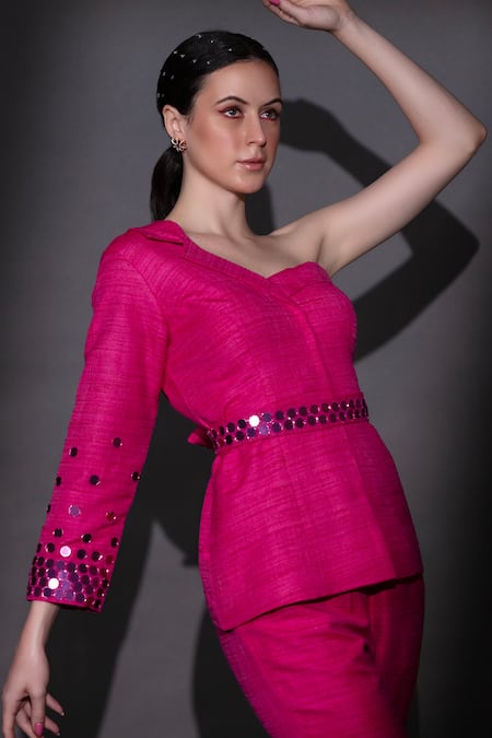 Buy Nitara Dhanraj Label Magenta Silk Beads One Shoulder Embroidered Jacket Set Online at Aza Fashions Buy_Nitara Dhanraj Label_Magenta Silk Beads One Shoulder Embroidered Jacket Set _Online_at_Aza_Fashions