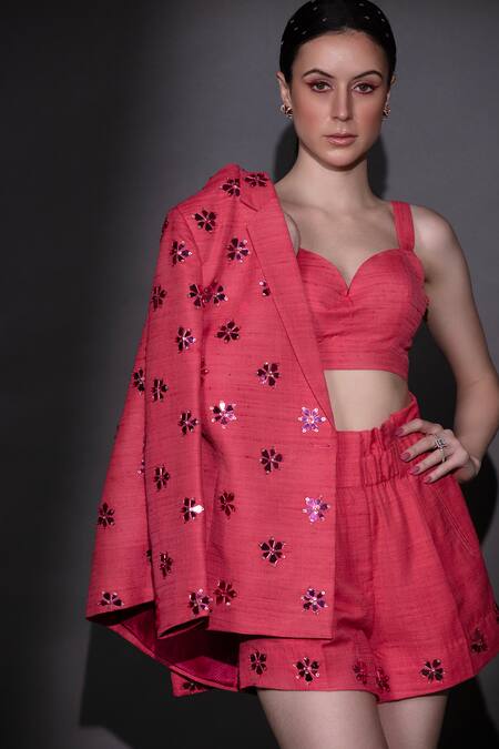 Buy Nitara Dhanraj Label Pink Silk Beads, Cut Work Sweetheart Neck, Embroidered Jacket Shorts Set Online at Aza Fashions Buy_Nitara Dhanraj Label_Pink Silk Beads, Cut Work Sweetheart Neck, Embroidered Jacket Shorts Set _Online_at_Aza_Fashions