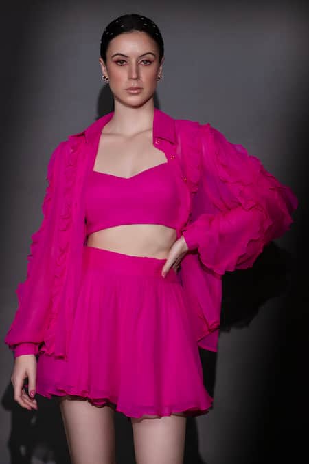 Nitara Dhanraj Label Pink Silk Ruffles Collared, Sweetheart Neck Solid Shirt Skirt Set Online at Aza Fashions Nitara Dhanraj Label_Pink Silk Ruffles Collared, Sweetheart Neck Solid Shirt Skirt Set _Online_at_Aza_Fashions