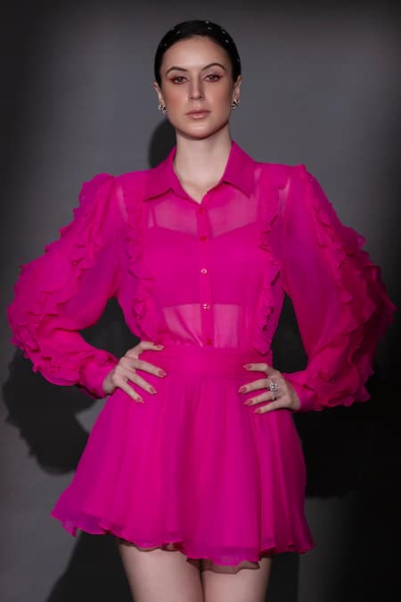 Buy Nitara Dhanraj Label Pink Silk Ruffles Collared, Sweetheart Neck Solid Shirt Skirt Set Online at Aza Fashions Buy_Nitara Dhanraj Label_Pink Silk Ruffles Collared, Sweetheart Neck Solid Shirt Skirt Set _Online_at_Aza_Fashions