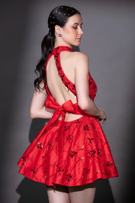 Shop Nitara Dhanraj Label Red Silk Beads Halter Neck Embroidered Puffed Dress at Aza Fashions Shop_Nitara Dhanraj Label_Red Silk Beads Halter Neck Embroidered Puffed Dress _at_Aza_Fashions