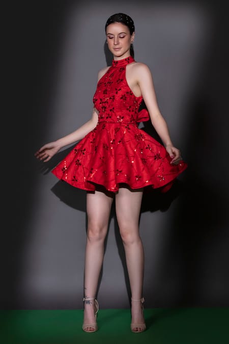 Nitara Dhanraj Label Red Silk Beads Halter Neck Embroidered Puffed Dress Online at Aza Fashions Nitara Dhanraj Label_Red Silk Beads Halter Neck Embroidered Puffed Dress _Online_at_Aza_Fashions