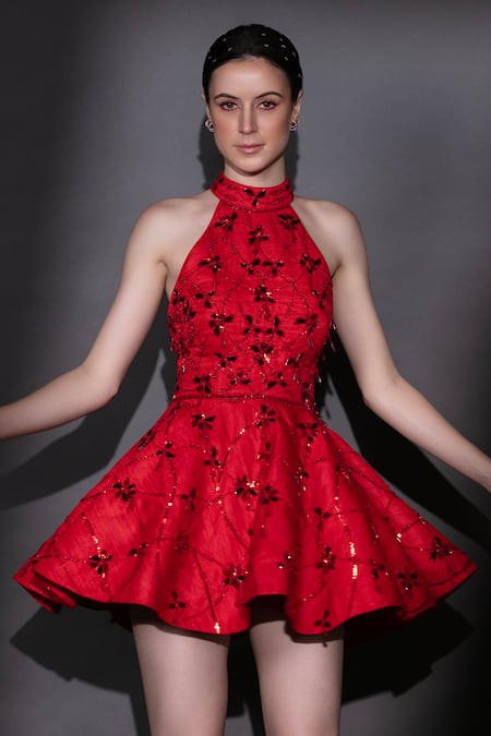 Buy Nitara Dhanraj Label Red Silk Beads Halter Neck Embroidered Puffed Dress Online at Aza Fashions Buy_Nitara Dhanraj Label_Red Silk Beads Halter Neck Embroidered Puffed Dress _Online_at_Aza_Fashions