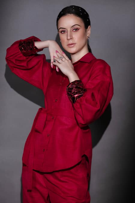 Shop Nitara Dhanraj Label Red Silk Beads, Cut Work Collared Cuff Embroidered Shirt And Pant Set at Aza Fashions Shop_Nitara Dhanraj Label_Red Silk Beads, Cut Work Collared Cuff Embroidered Shirt And Pant Set _at_Aza_Fashions