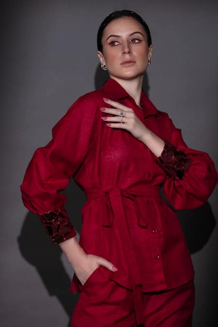 Nitara Dhanraj Label Red Silk Beads, Cut Work Collared Cuff Embroidered Shirt And Pant Set Online at Aza Fashions Nitara Dhanraj Label_Red Silk Beads, Cut Work Collared Cuff Embroidered Shirt And Pant Set _Online_at_Aza_Fashions