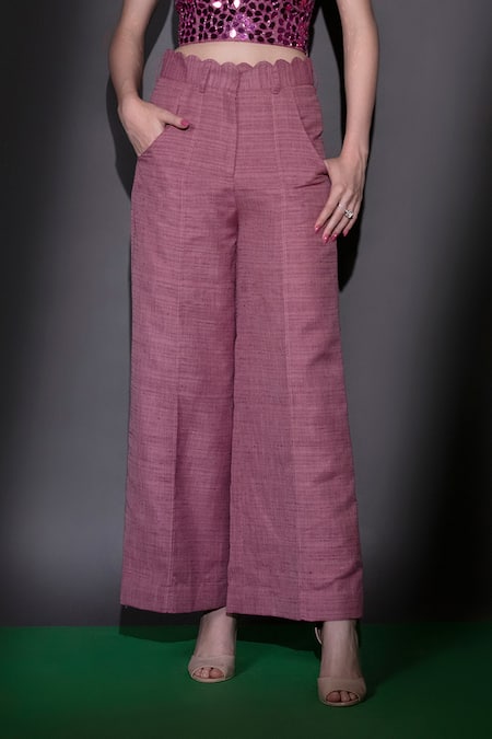 Nitara Dhanraj Label_Purple Silk Beads, Cut Work Square Embroidered Crop Top And Scalloped Pant Set _Online_at_Aza_Fashions