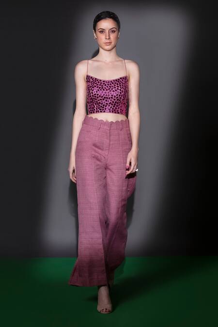 Buy_Nitara Dhanraj Label_Purple Silk Beads, Cut Work Square Embroidered Crop Top And Scalloped Pant Set _Online_at_Aza_Fashions
