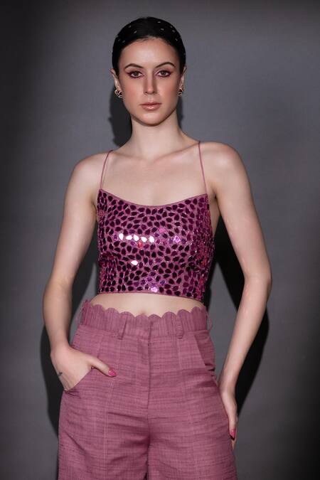 Shop_Nitara Dhanraj Label_Purple Silk Beads, Cut Work Square Embroidered Crop Top And Scalloped Pant Set _Online_at_Aza_Fashions