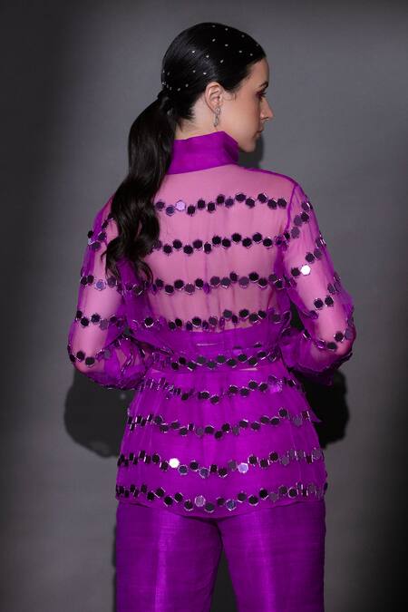 Shop_Nitara Dhanraj Label_Purple Silk Beads, Applique Collared, Sweetheart Neck Embroidered Shirt Pant Set _at_Aza_Fashions