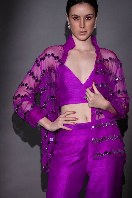 Buy_Nitara Dhanraj Label_Purple Silk Beads, Applique Collared, Sweetheart Neck Embroidered Shirt Pant Set _Online_at_Aza_Fashions