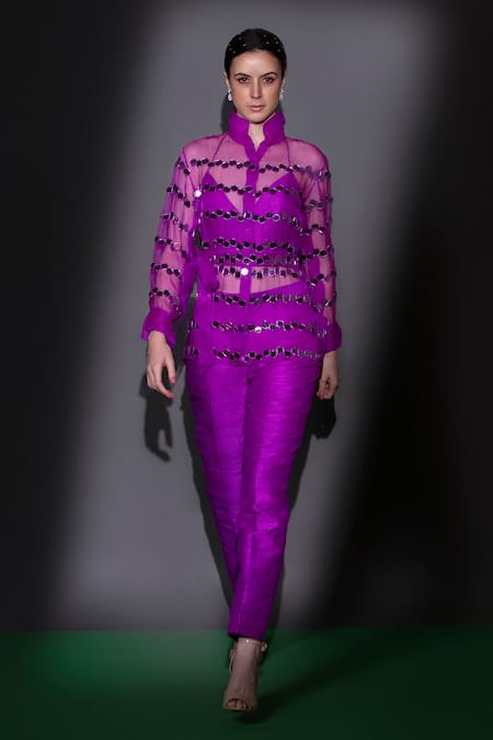Shop_Nitara Dhanraj Label_Purple Silk Beads, Applique Collared, Sweetheart Neck Embroidered Shirt Pant Set _Online_at_Aza_Fashions