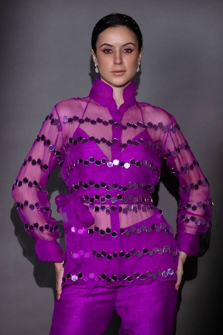 Nitara Dhanraj Label_Purple Silk Beads, Applique Collared, Sweetheart Neck Embroidered Shirt Pant Set _at_Aza_Fashions