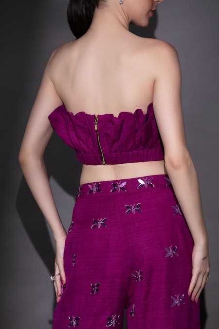 Shop Nitara Dhanraj Label Purple Silk Beads Bandeau Neck Ruffled Top And Embroidered Pant Set at Aza Fashions Shop_Nitara Dhanraj Label_Purple Silk Beads Bandeau Neck Ruffled Top And Embroidered Pant Set _at_Aza_Fashions