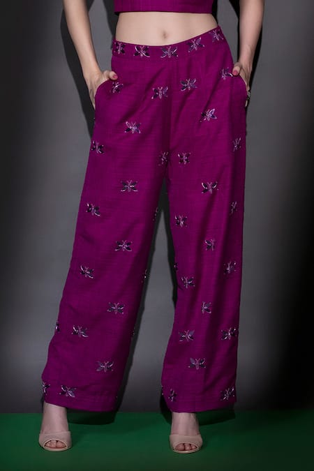 Nitara Dhanraj Label Purple Silk Beads Bandeau Neck Ruffled Top And Embroidered Pant Set Online at Aza Fashions Nitara Dhanraj Label_Purple Silk Beads Bandeau Neck Ruffled Top And Embroidered Pant Set _Online_at_Aza_Fashions