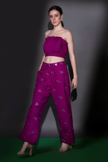 Buy Nitara Dhanraj Label Purple Silk Beads Bandeau Neck Ruffled Top And Embroidered Pant Set Online at Aza Fashions Buy_Nitara Dhanraj Label_Purple Silk Beads Bandeau Neck Ruffled Top And Embroidered Pant Set _Online_at_Aza_Fashions