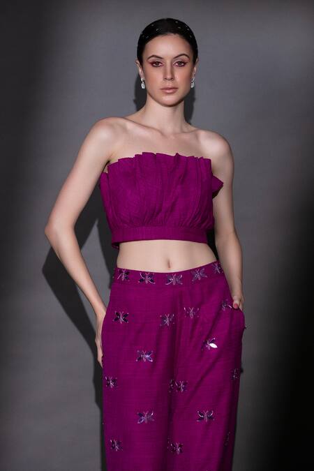 Shop Nitara Dhanraj Label Purple Silk Beads Bandeau Neck Ruffled Top And Embroidered Pant Set Online at Aza Fashions Shop_Nitara Dhanraj Label_Purple Silk Beads Bandeau Neck Ruffled Top And Embroidered Pant Set _Online_at_Aza_Fashions