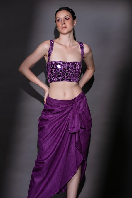 Nitara Dhanraj Label_Purple Silk Beads, Cut Work Square Neck Embroidered Top And Draped Skirt Set _Online_at_Aza_Fashions