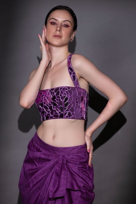Buy_Nitara Dhanraj Label_Purple Silk Beads, Cut Work Square Neck Embroidered Top And Draped Skirt Set _Online_at_Aza_Fashions
