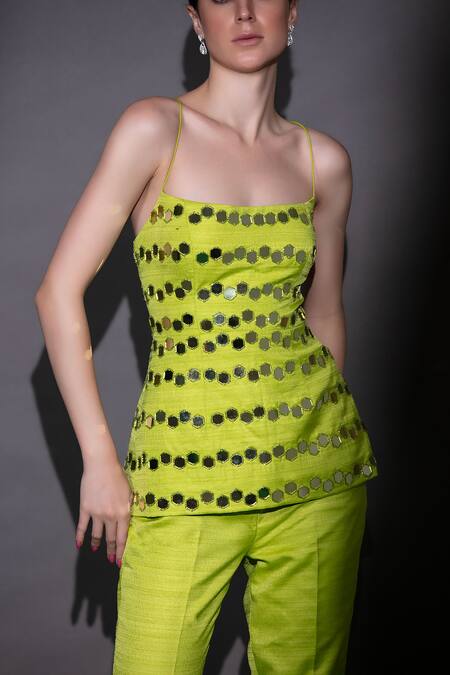 Nitara Dhanraj Label Green Silk Beads Square Neck Embroidered Top And Pant Set Online at Aza Fashions Nitara Dhanraj Label_Green Silk Beads Square Neck Embroidered Top And Pant Set _Online_at_Aza_Fashions