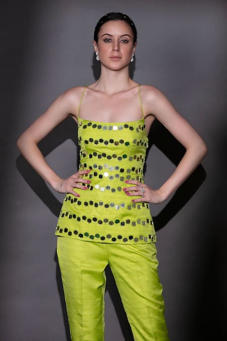 Buy Nitara Dhanraj Label Green Silk Beads Square Neck Embroidered Top And Pant Set Online at Aza Fashions Buy_Nitara Dhanraj Label_Green Silk Beads Square Neck Embroidered Top And Pant Set _Online_at_Aza_Fashions