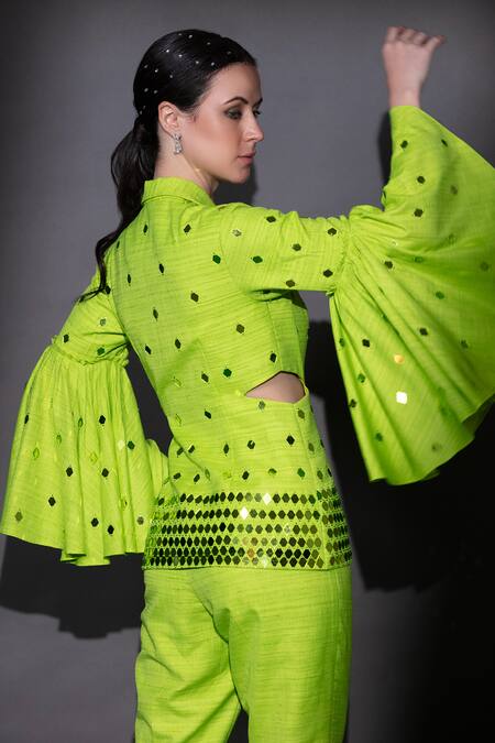 Shop_Nitara Dhanraj Label_Green Silk Beads Collared Embroidered Jacket And Pant Set _at_Aza_Fashions