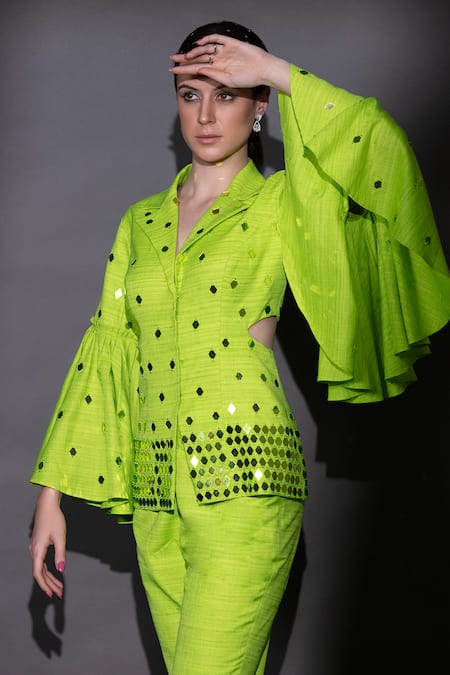 Nitara Dhanraj Label_Green Silk Beads Collared Embroidered Jacket And Pant Set _Online_at_Aza_Fashions