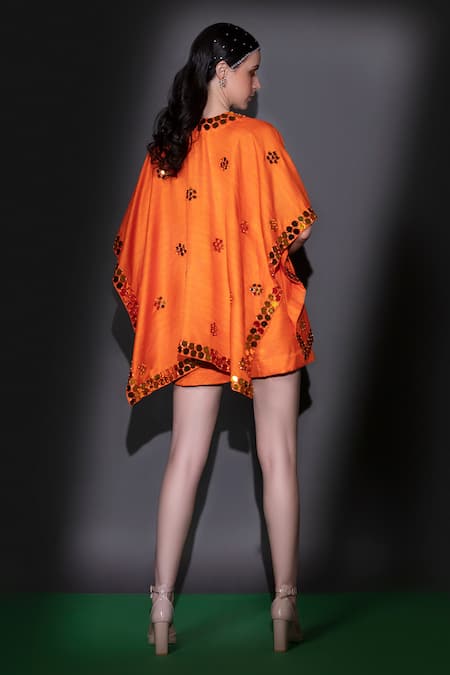 Shop Nitara Dhanraj Label Orange Silk Beads Sweetheart Neck Embroidered Cape Shorts Set at Aza Fashions Shop_Nitara Dhanraj Label_Orange Silk Beads Sweetheart Neck Embroidered Cape Shorts Set _at_Aza_Fashions