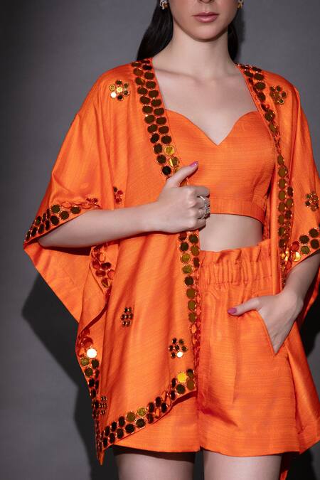 Nitara Dhanraj Label Orange Silk Beads Sweetheart Neck Embroidered Cape Shorts Set Online at Aza Fashions Nitara Dhanraj Label_Orange Silk Beads Sweetheart Neck Embroidered Cape Shorts Set _Online_at_Aza_Fashions