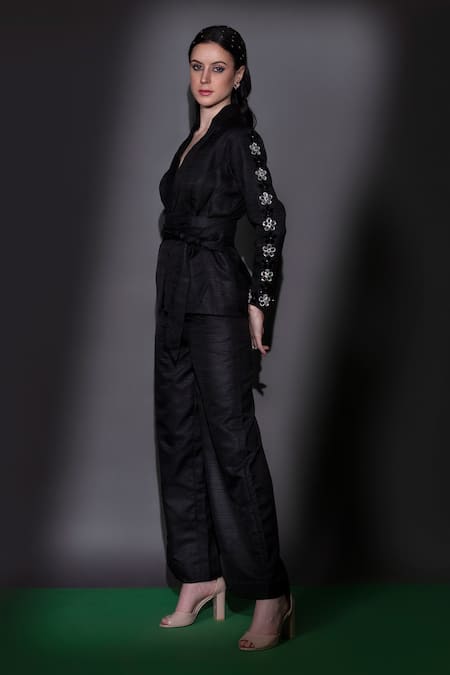 Shop Nitara Dhanraj Label Black Silk Beads, Applique Shawl Neck Sleeve Embroidered Jacket Pant Set at Aza Fashions Shop_Nitara Dhanraj Label_Black Silk Beads, Applique Shawl Neck Sleeve Embroidered Jacket Pant Set _at_Aza_Fashions