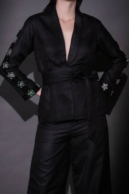Buy Nitara Dhanraj Label Black Silk Beads, Applique Shawl Neck Sleeve Embroidered Jacket Pant Set Online at Aza Fashions Buy_Nitara Dhanraj Label_Black Silk Beads, Applique Shawl Neck Sleeve Embroidered Jacket Pant Set _Online_at_Aza_Fashions