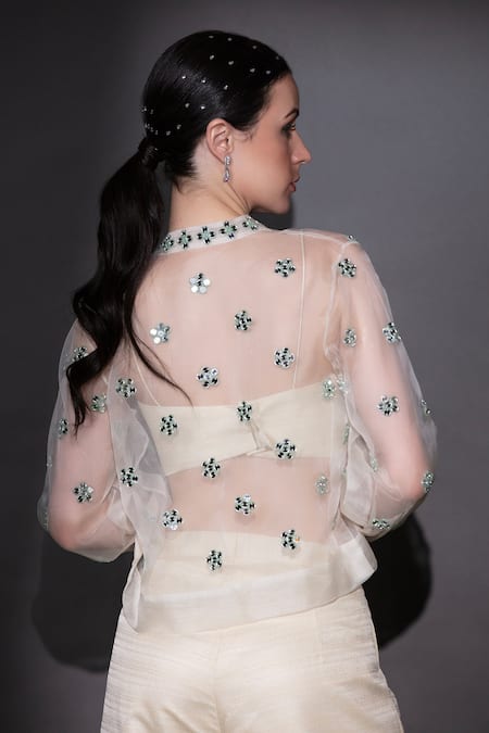 Shop Nitara Dhanraj Label Beige Silk Beads, Cut Work Bandeau Embroidered Front Buttoned Shirt Pant Set at Aza Fashions Shop_Nitara Dhanraj Label_Beige Silk Beads, Cut Work Bandeau Embroidered Front Buttoned Shirt Pant Set _at_Aza_Fashions