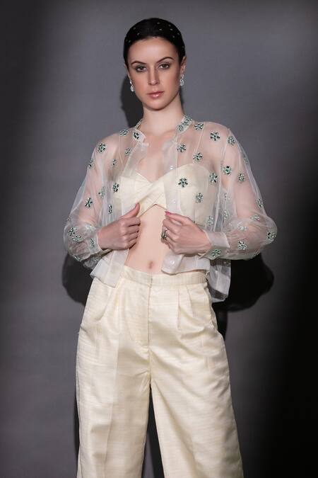 Nitara Dhanraj Label Beige Silk Beads, Cut Work Bandeau Embroidered Front Buttoned Shirt Pant Set Online at Aza Fashions Nitara Dhanraj Label_Beige Silk Beads, Cut Work Bandeau Embroidered Front Buttoned Shirt Pant Set _Online_at_Aza_Fashions