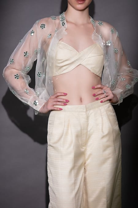 Buy Nitara Dhanraj Label Beige Silk Beads, Cut Work Bandeau Embroidered Front Buttoned Shirt Pant Set Online at Aza Fashions Buy_Nitara Dhanraj Label_Beige Silk Beads, Cut Work Bandeau Embroidered Front Buttoned Shirt Pant Set _Online_at_Aza_Fashions