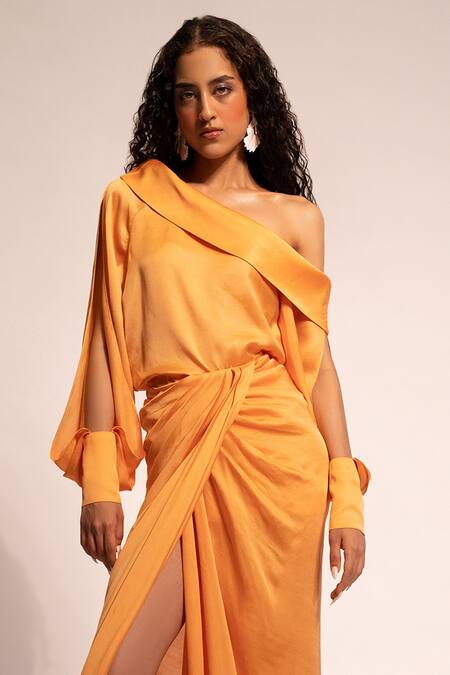 Shop_Aroka_Orange Modal, Satin Draped High Slit Skirt _at_Aza_Fashions