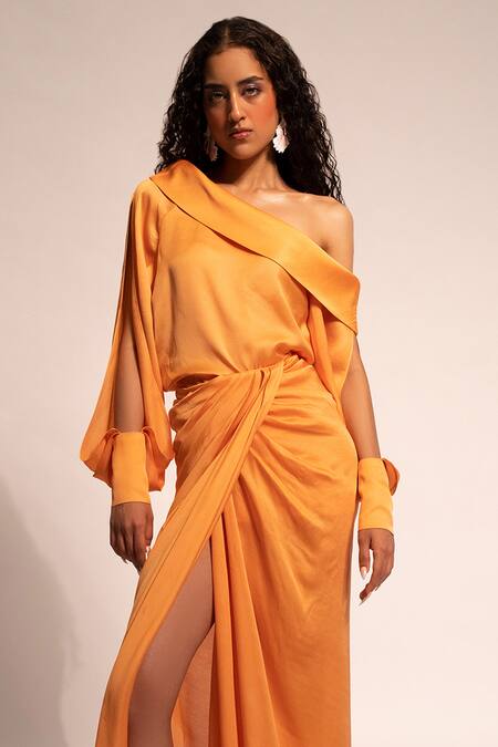 Aroka_Orange Modal, Satin One Shoulder Lantern Sleeve Top_Online_at_Aza_Fashions
