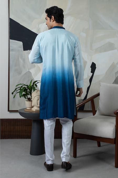Shop Smriti By Anju Agarwal Blue Silk, Maheshwari, Cotton Embroidery Lehr Ombre Kurta Set at Aza Fashions Shop_Smriti By Anju Agarwal_Blue Silk, Maheshwari, Cotton Embroidery Lehr Ombre Kurta Set _at_Aza_Fashions