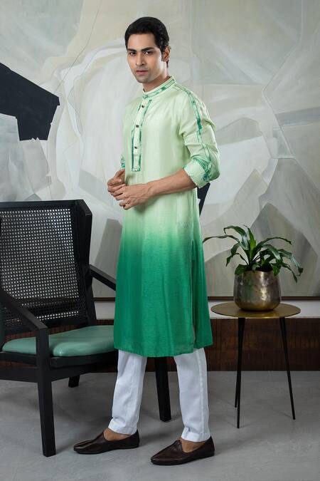 Buy_Smriti By Anju Agarwal_Green Silk, Maheshwari, Cotton Metallic Thread Ombre Straight Kurta Set _Online_at_Aza_Fashions