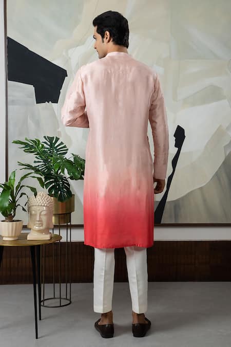 Shop_Smriti By Anju Agarwal_Peach Silk, Cotton Embroidery Geometric Butti Kurta With Pajama _at_Aza_Fashions