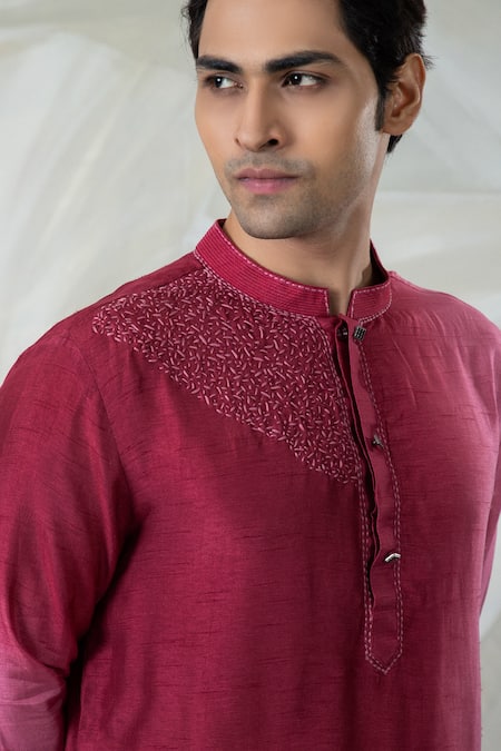 Smriti By Anju Agarwal_Maroon Silk, Cotton Embroidery Carmine Thread Placement Kurta Set _Online_at_Aza_Fashions