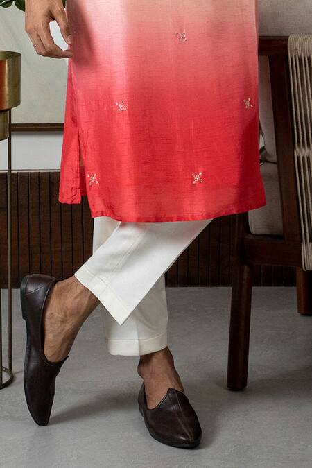 Smriti By Anju Agarwal Peach Silk, Cotton Embroidery Miniature Floral Butti Kurta With Pajama Online at Aza Fashions Smriti By Anju Agarwal_Peach Silk, Cotton Embroidery Miniature Floral Butti Kurta With Pajama _Online_at_Aza_Fashions