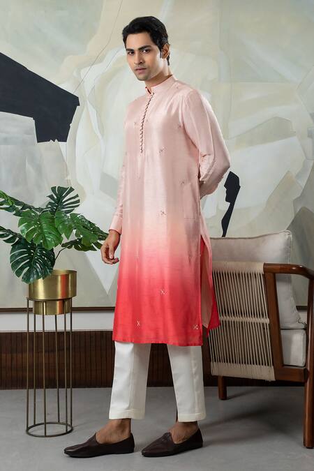 Shop Smriti By Anju Agarwal Peach Silk, Cotton Embroidery Miniature Floral Butti Kurta With Pajama Online at Aza Fashions Shop_Smriti By Anju Agarwal_Peach Silk, Cotton Embroidery Miniature Floral Butti Kurta With Pajama _Online_at_Aza_Fashions