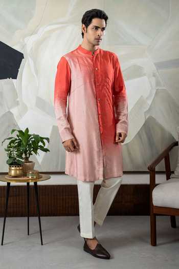 Buy_Smriti By Anju Agarwal_Peach Silk, Cotton Dual Ombre Effect Kurta With Pajama _Online_at_Aza_Fashions